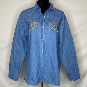 Vintage Passion Kokopelli Embroidered Denim Button-Down Long Sleeve